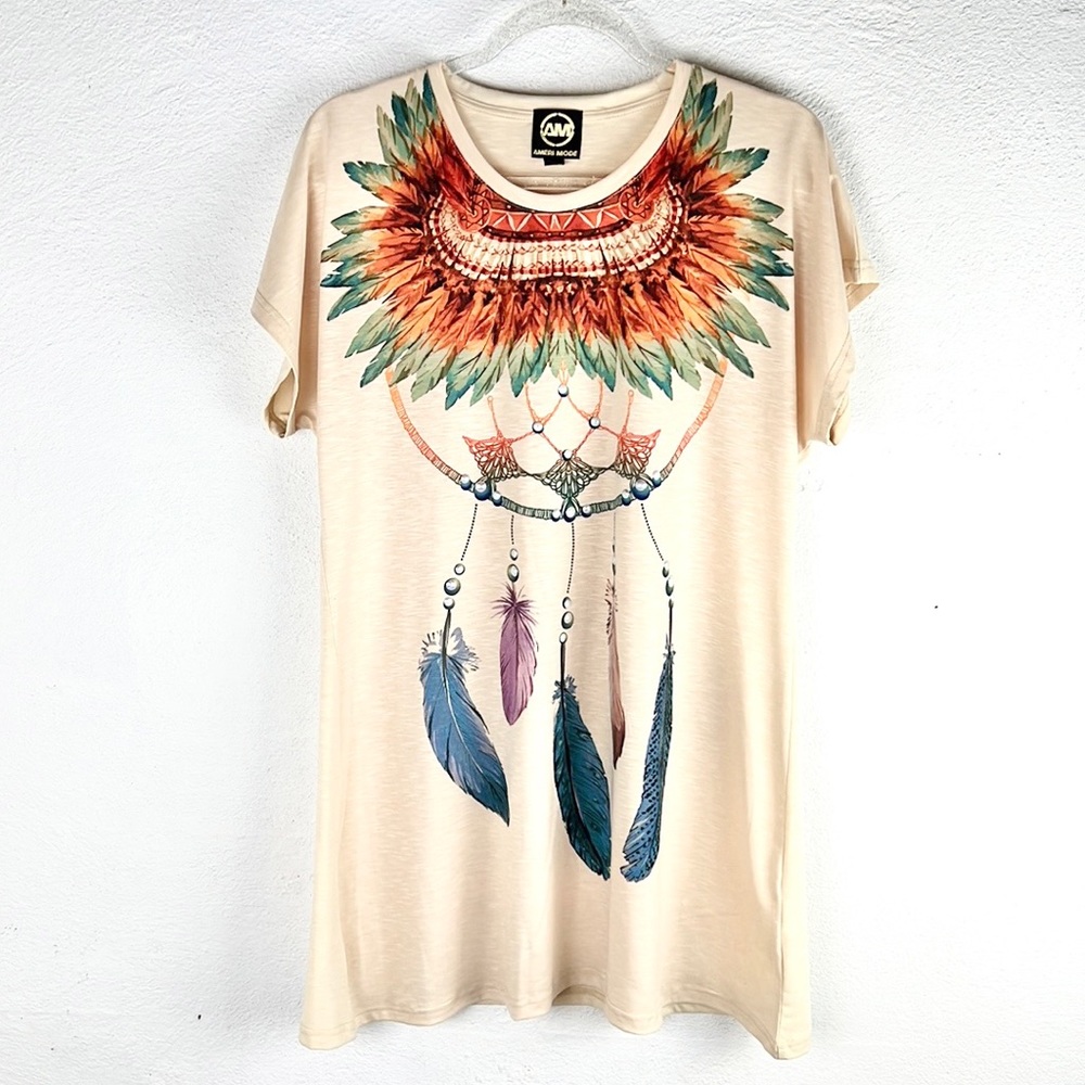 AMERI MODE | 🪶Boho Dreamcatcher Feathers Print T-Shirt Tunic Top